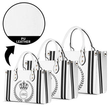 Load image into Gallery viewer, Royalty 24 Black Logo ,Stripes & White Multiple Sizes Upgraded Luxury Women PU Leather Handbag