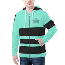 Load image into Gallery viewer, DEI  Black Logo, Stripes &amp; Mint Green Mens All Over Print Classic Zip Hoodie
