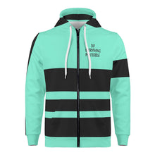 Load image into Gallery viewer, DEI  Black Logo, Stripes &amp; Mint Green Mens All Over Print Classic Zip Hoodie
