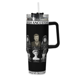 4 Irish Ancestors Planned My Success, White Logo, White Stripe, Black Personalized 40oz Stainless Steel Tumbler With Black Handle and Straw (Free Shipping and Shipped in US)