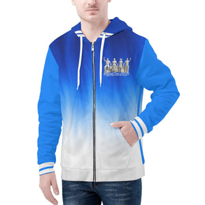 STRONG LIKE STATUES, White Logo, Blue, White Stripes, Blue, White  All Over Print Classic Zip Hoodie