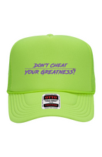 Load image into Gallery viewer, DCYG NEON Purple Logo 5 Panel Neon Trucker Cap
