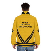 Load image into Gallery viewer, DCYG NERDS Unisex Black logo &amp;  Light Gold Puffer Jacket (AOP)

