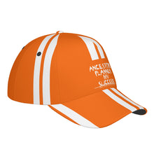 Load image into Gallery viewer, Ancestors Black, White Logo, White Strips &amp; Orange Curved Brim Baseball Cap (AOP)
