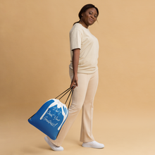Load image into Gallery viewer, DCYG DRIP White Cursive Logo &amp; Navy Blue Drawstring bag
