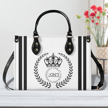 Load image into Gallery viewer, Royalty 24  Black Logo ,Stripes &amp; White Multiple Sizes Upgraded Luxury Women PU Leather Handbag
