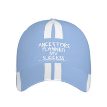 Load image into Gallery viewer, Ancestors Black, White Logo, White Strips &amp; Light Blue Curved Brim Baseball Cap (AOP)
