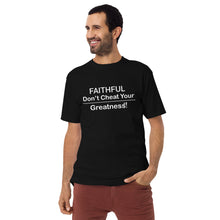 Load image into Gallery viewer, DCYG Faithful White logo &amp; Black Men’s premium heavyweight tee
