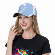 Load image into Gallery viewer, Ancestors Black, White Logo, White Strips &amp; Light Blue Curved Brim Baseball Cap (AOP)
